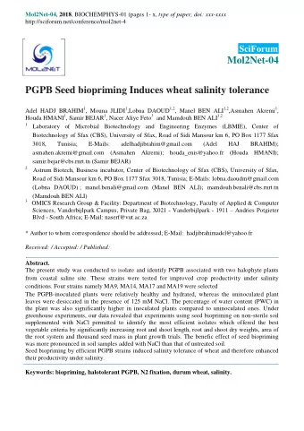 Mol2Net-04  PGPB Seed biopriming Induces wheat salinity tolerance Adel HADJ BRAHIM 1 , Mouna JLIDI