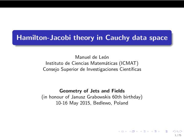 hamilton jacobi theory in cauchy data space