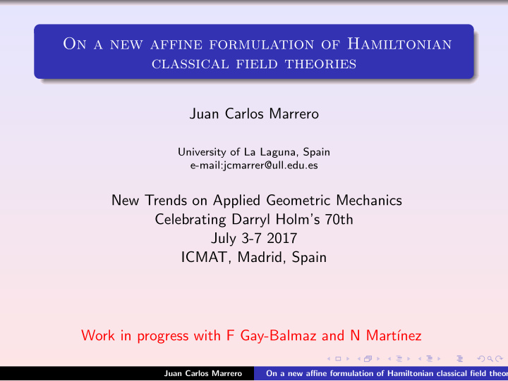 on a new affine formulation of hamiltonian classical