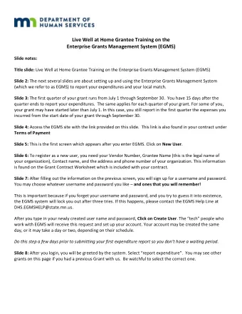 Live Well at Home Grantee Training on the  Enterprise Grants Management System (EGMS)  Slide notes: