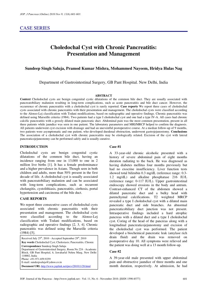 choledochal cyst with chronic pancreatitis presentation