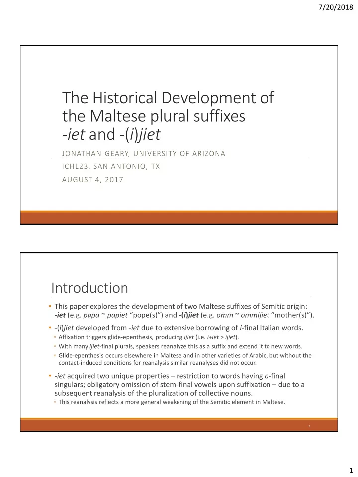 the historical development of the maltese plural suffixes