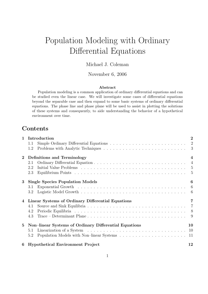 population modeling with ordinary differential equations