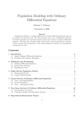 Population Modeling with Ordinary  Differential Equations  Michael J. Coleman  November 6, 2006