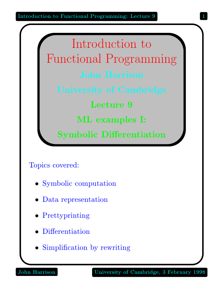 in tro duction to f unctional programming lecture 9 1 in