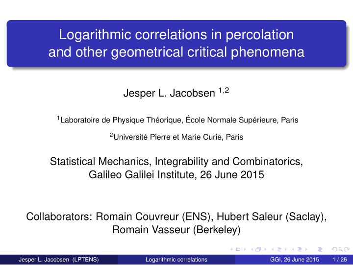 logarithmic correlations in percolation and other