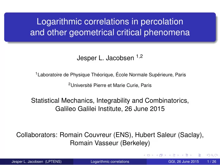 logarithmic correlations in percolation and other
