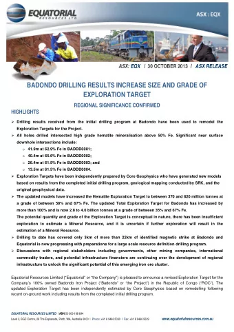 BADONDO DRILLING RESULTS INCREASE SIZE AND GRADE OF  EXPLORATION TARGET REGIONAL SIGNIFICANCE