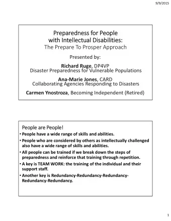 Preparedness for People  with Intellectual Disabilities:  The Prepare To Prosper Approach