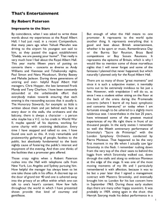 Thats Entertainment  By Robert Paterson  Impresario to the Stars  By coincidence, when I was