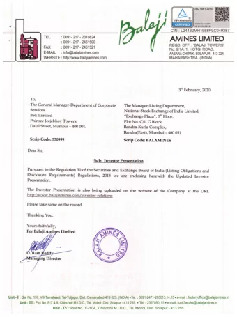 Sub:  Investor presentation  Pursuant to the Regulation 30 of the Securities and Exchange Board of