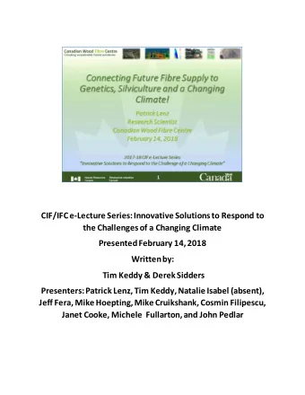 CIF/IFC e-Lecture Series: Innovative Solutions to Respond to  the Challenges of a Changing Climate