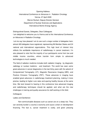 Opening Address  International Conference on Advances in   Radiation Oncology  Vienna, 27 April
