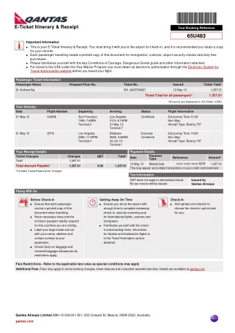 65U483  Important Information  This is your E-Ticket Itinerary &amp; Receipt. You must bring it