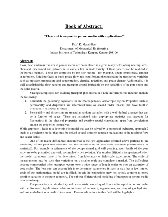 Book of Abstract:  Flow and transport in porous media with applications  Prof. K. Muralidhar