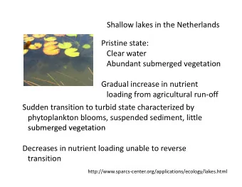 Shallow lakes in the Netherlands Pristine state: Clear water Abundant submerged vegetation  G