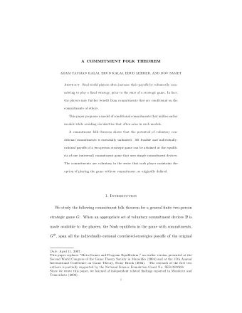 A COMMITMENT FOLK THEOREM  ADAM TAUMAN KALAI, EHUD KALAI, EHUD LEHRER, AND DOV SAMET Abstract. Real