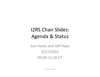 I2RS Chair Slides:  Agenda &amp; Status  Sue Hares and Jeff Haas  3/27/2015  09:00-11:30 CT  I2RS