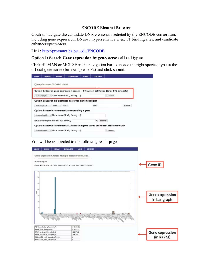 encode element browser goal to navigate the candidate dna