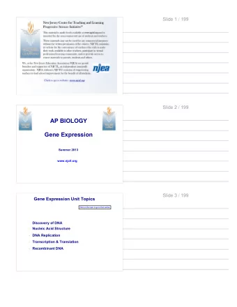 AP BIOLOGY  Gene Expression  Summer 2013  www.njctl.org  Slide 3 / 199  Gene Expression Unit Topics