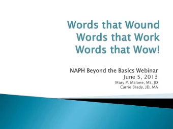 NAP  APH Be  Beyond the Ba  Basic  ics W  Webin  inar  June 5, 2013  Mary P. Malone, MS, JD  Carrie