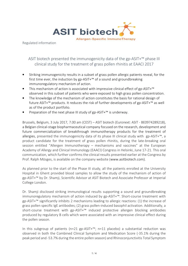 asit biotech presented the immunogenicity data of the gp