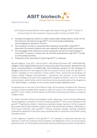 ASIT biotech presented the immunogenicity data of the gp-ASIT+ phase III  clinical study for the