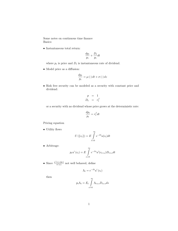 some notes on continuous time finance basics