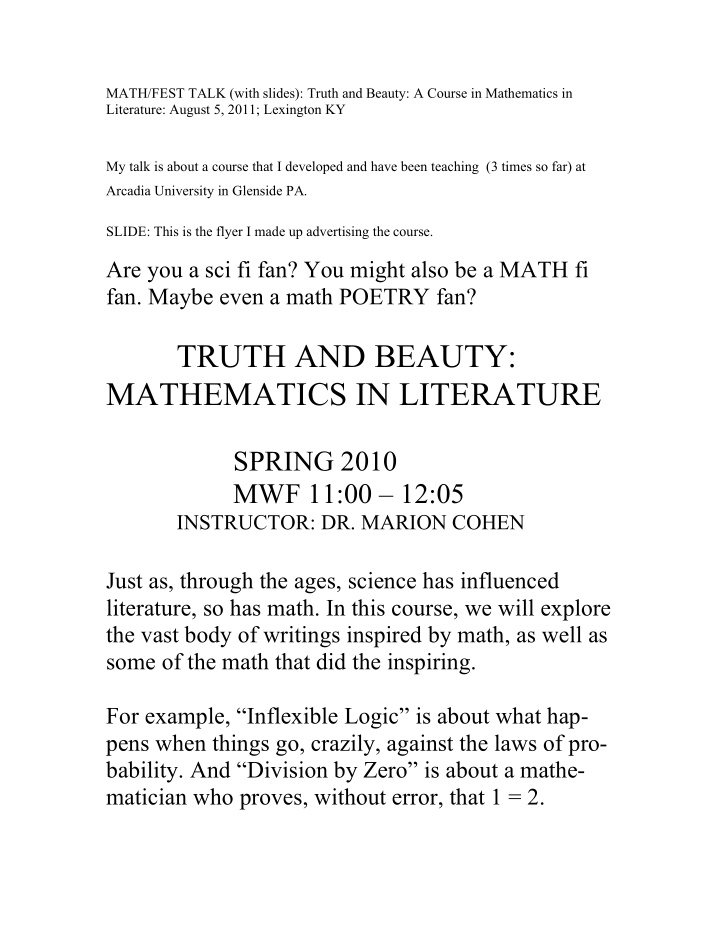 truth and beauty mathematics in literature