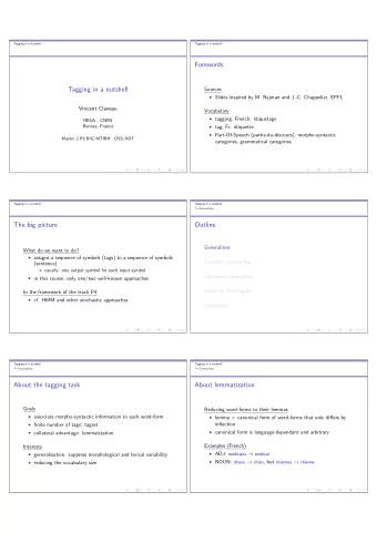 Forewords  Tagging in a nutshell  Sources  Slides inspired by M. Rajman and J.-C. Chappelier,
