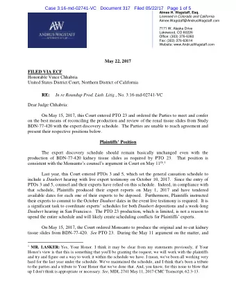 Case 3:16-md-02741-VC   Document 317   Filed 05/22/17   Page 1 of 5  Aimee H. Wagstaff, Esq.
