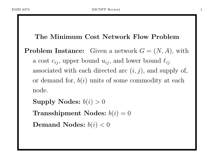 the minimum cost network flow problem problem instance