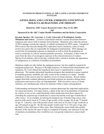 GENES, DOGS AND CANCER; EMERGING CONCEPTS IN  MOLECULAR DIAGNOSIS AND THERAPY  Hosted by AMC Cancer
