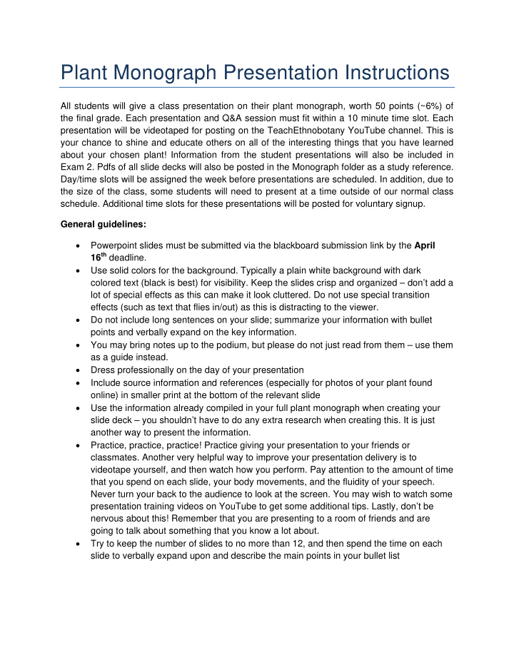 plant monograph presentation instructions