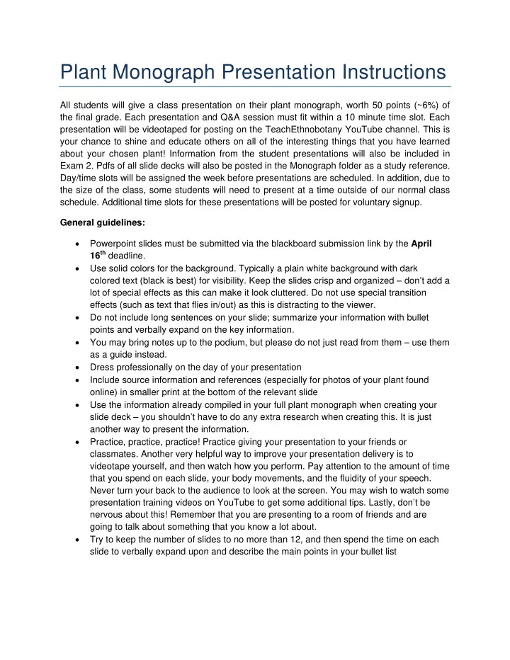 plant monograph presentation instructions