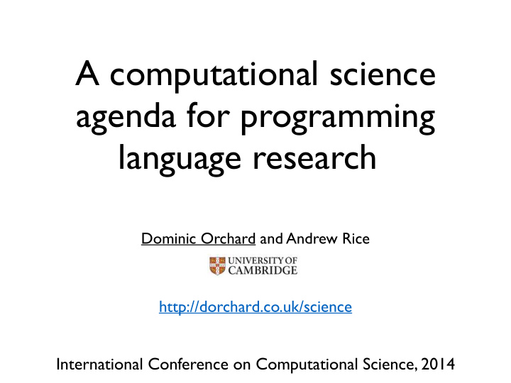 a computational science agenda for programming