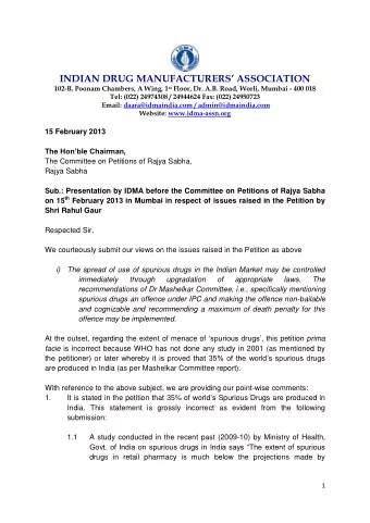INDIAN DRUG MANUFACTURERS ASSOCIATION 102-B, Poonam Chambers, A Wing, 1 st Floor, Dr. A.B. Road,