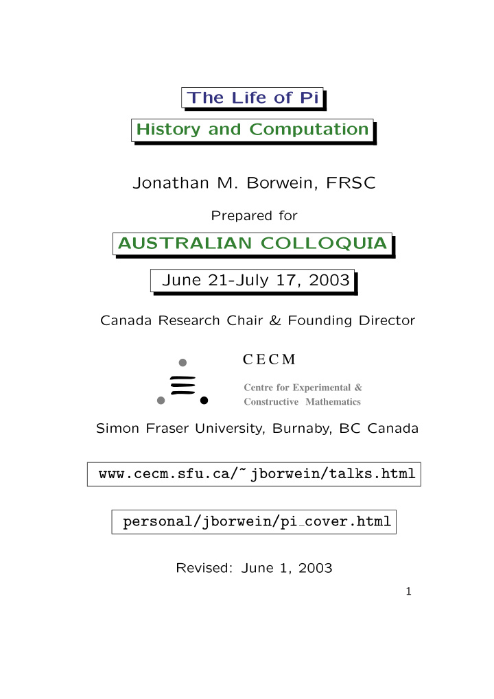 the life of pi history and computation jonathan m borwein