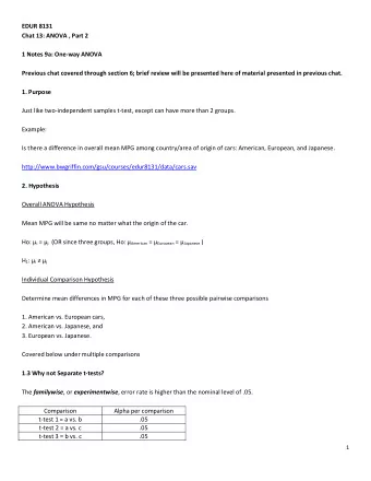 EDUR 8131  Chat 13: ANOVA , Part 2  1 Notes 9a: One-way ANOVA  Previous chat covered through