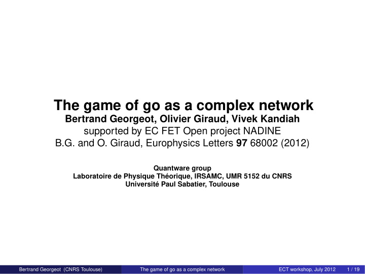 the game of go as a complex network the game of go as a