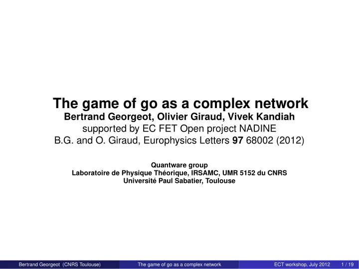 the game of go as a complex network the game of go as a