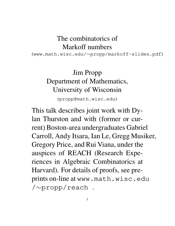 the combinatorics of markoff numbers