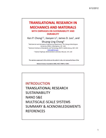 TRANSLATIONAL RESEARCH IN MECHANICS AND MATERIALS WITH EMPHASES ON SUSTAINABILITY AND  DURABILITY