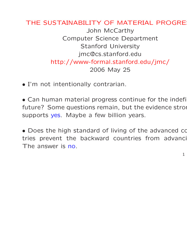 the sustainability of material progres john mccarthy