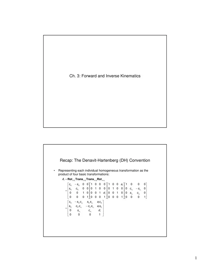 ch 3 forward and inverse kinematics recap the denavit