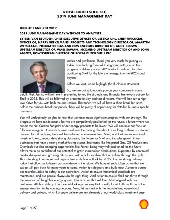 ROYAL DUTCH SHELL PLC  2019 JUNE MANAGEMENT DAY  JUNE 4TH AND 5TH 2019  2019 JUNE MANAGEMENT DAY