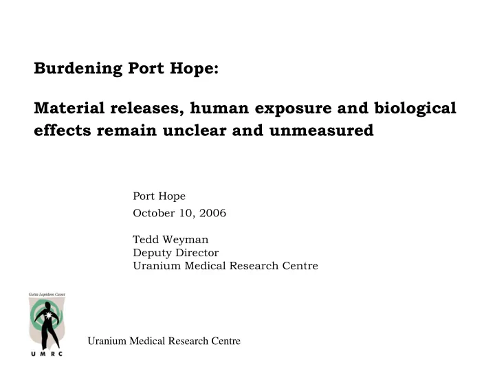 port hope october 10 2006 tedd weyman deputy director