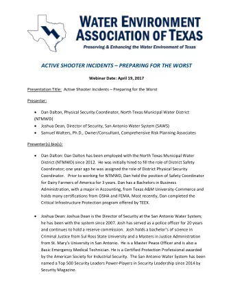 ACTIVE SHOOTER INCIDENTS  PREPARING FOR THE WORST  Webinar Date: April 19, 2017 Presentation
