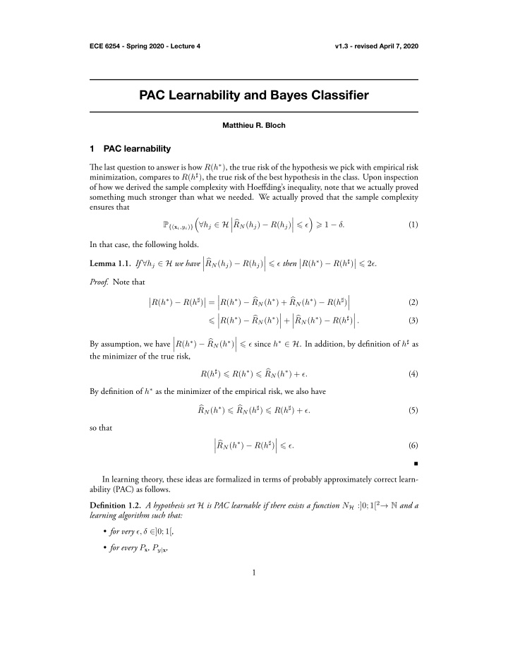 pac learnability and bayes classifier