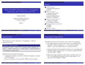 Outline  Hash Functions  1  Iterated Hash Functions  CPSC 418/MATH 318 Introduction to Cryptography